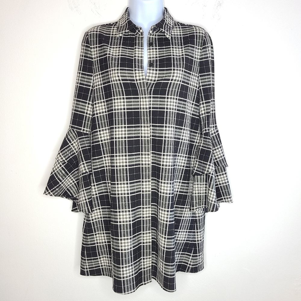 Alice + Olivia Jem Ruffle Sleeve Plaid Shirt Dress Size XS